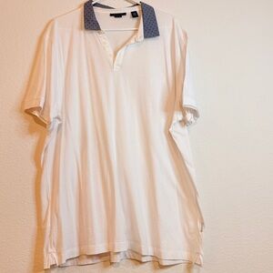Perry Ellis Pima Cotton Polo XXL 🤍💙Luxe Soft White Shirt ~Navy Pattern Collar